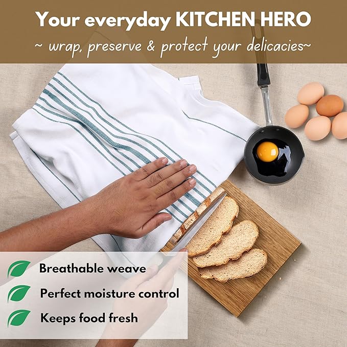 Native Fab Kitchen Tea Towels 16x26 inches - 12 Pack Herringbone Weave - 100% Cotton Scandia Striped Dish Towels, Wash Cloths, Absorbent Hand Towels with Hanger - Teal Green White