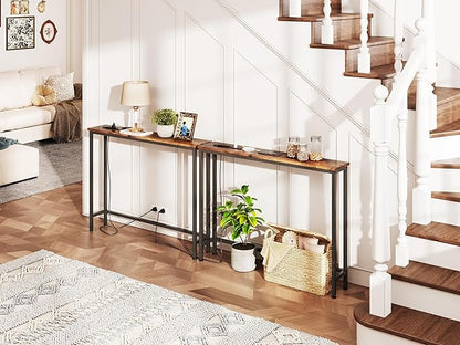 VERMESS Sofa Table with Power Outlets for Entryway, 39 inch Long Behind Couch Table with Metal Frame and 6.5’ Extension Cord for Hallway, Foyer, Living Room, Rustic Brown