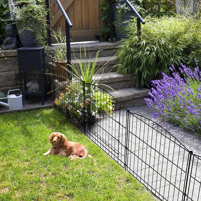 INJOPEXI Decorative Garden Fence 6 Panels 11.8ft (L)×24in (H) with 5 Panels 1 Gate Rustproof Wire No Dig Animal Barrier Fencing for Outdoor Backyard Black