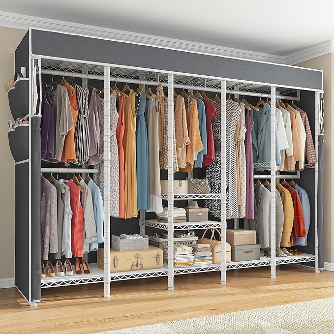 Raybee 90.6" W Clothes Rack with Cover Heavy Duty Clothing Racks for Hanging Clothes Portable Closet Loads 1200LBS Freestanding Garment Rack for Bedroom, White