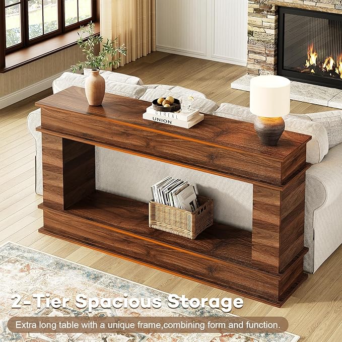 63 Inches Large Console Table, 2-Tier Entryway Table, Narrow Long Sofa Table Behind Couch, Bamboo-like Design, Heavy Duty Base, Farmhouse Wood Accent Decor for Living Room, Hallway, Foyer (Walnut)