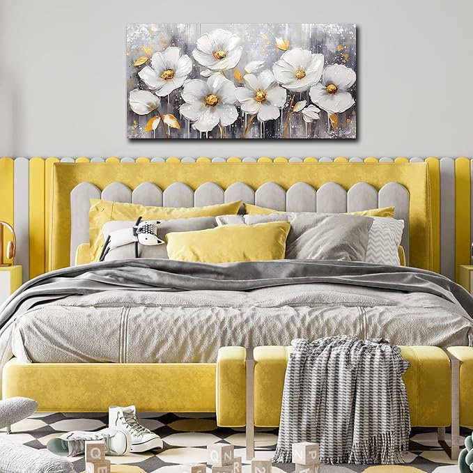 CIRABKY Flower Wall Art for Bedroom - White Wall Decor - Gold Wall Art for Living Room Office Artwork Canvas Pictures Size 20" x 40"