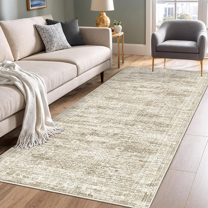 3x10 Runner Rug Non Slip Washable for Entryway, Vintage Hallway Runner for Front Porch, Laundry Room, Bedroom, Abstract Stain Resistant Thin Indoor Kitchen Mats for Floor(3'x10', Brown/Ivory)