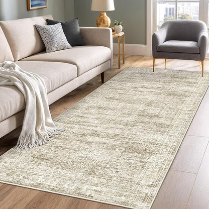 3x10 Runner Rug Non Slip Washable for Entryway, Vintage Hallway Runner for Front Porch, Laundry Room, Bedroom, Abstract Stain Resistant Thin Indoor Kitchen Mats for Floor(3'x10', Brown/Ivory)