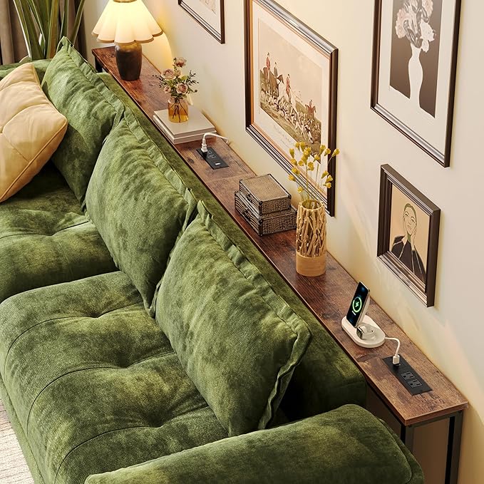 Huuger 110.2 Inch Sofa Table with Power Outlets, 23.9’’-34.4’’ Height Adjustable Range, Behind Couch Table with USB-C Ports, Sofa Tables Narrow Long, Skinny Console Table, Small Spaces, Rustic Brown