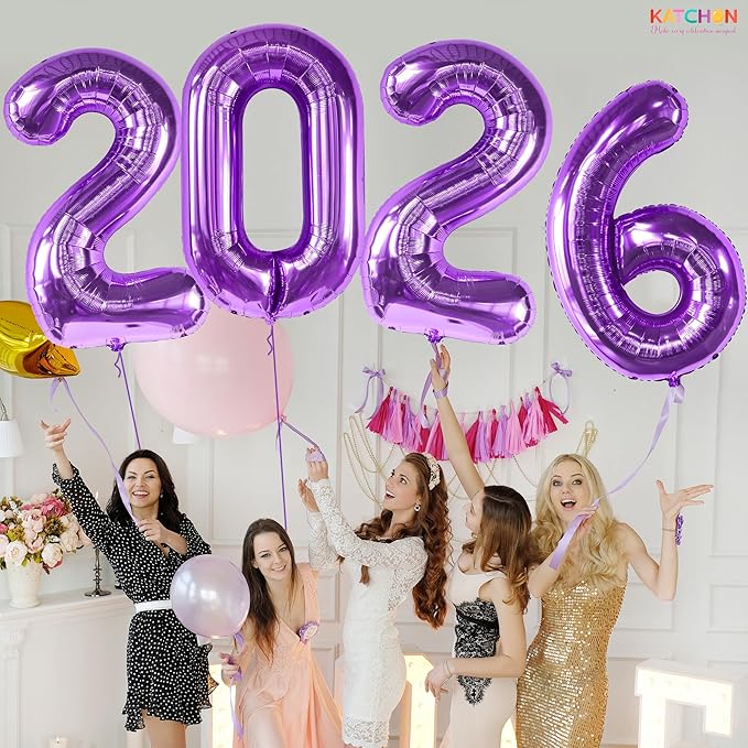 Katchon, Giant Purple 2026 Number Balloons - 42 Inch | Happy New Year Balloons | 2026 Balloon Numbers | Purple Balloon for New Years Decorations 2026 | New Years Eve Party Supplies 2026