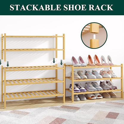 Smiry Bamboo Shoe Rack for Closet, 4 Tier Wooden Stackable Shoe Organizer, Free Standing Shoes Storage Shelf for Entryway, Front Door Entrance, Natural & White