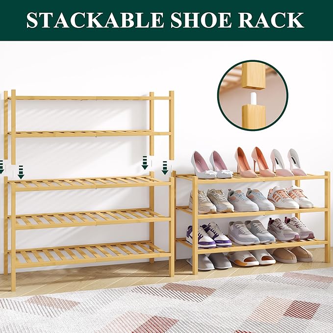 Smiry Bamboo Shoe Rack for Closet, 3 Tier Wooden Stackable Shoe Organizer, Free Standing Shoes Storage Shelf for Entryway, Front Door Entrance, Natural & White