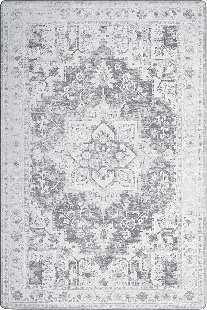 GENIMO 5x7 Area Rugs for Living Room, Machine Washable Rug, Non Slip Indoor Vintage Rug, Low Pile Lightweight Chenille Print Carpet for Bedroom Dining Room Home Office, Gray