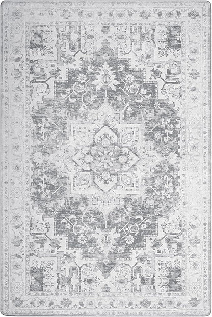 GENIMO 5x7 Area Rugs for Living Room, Machine Washable Rug, Non Slip Indoor Vintage Rug, Low Pile Lightweight Chenille Print Carpet for Bedroom Dining Room Home Office, Gray