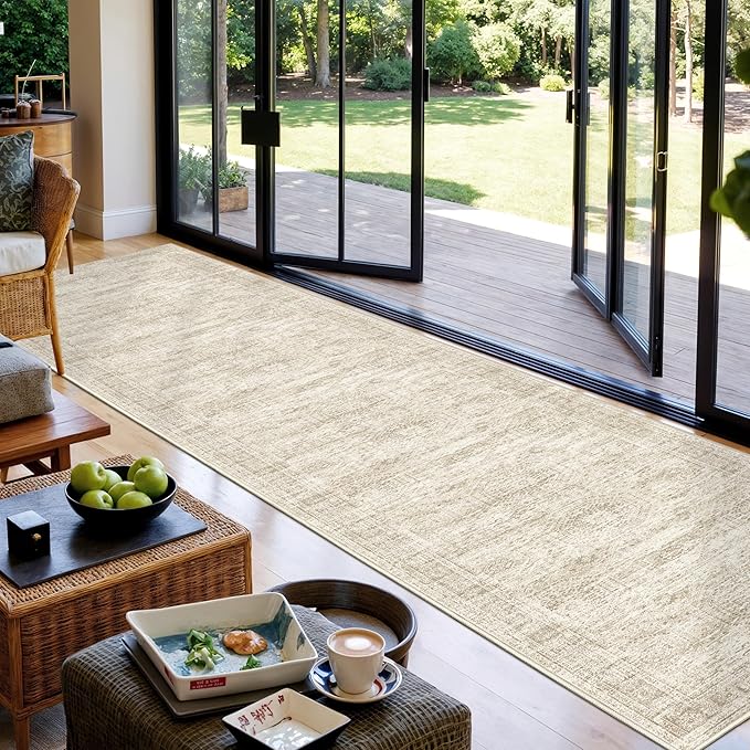 Washable Runner Rug 2.5x12, Non-Slip Long Bathroom Rugs Runner for Kitchen, Living Room, Bedroom, Soft Vintage Washable Rug for Entryway, Thin Floor Mat for Dining Room(2.5'x12', Beige/Ivory)