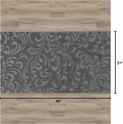 4 Ft Non-Slip Dark Grey Anthracite Doormat - 2'7" X 4' Washable Carpet - Rubber Backed, Charcoal Custom Size Floor Mat for Stairs Bedroom Bathroom Entryway - Floral Pattern