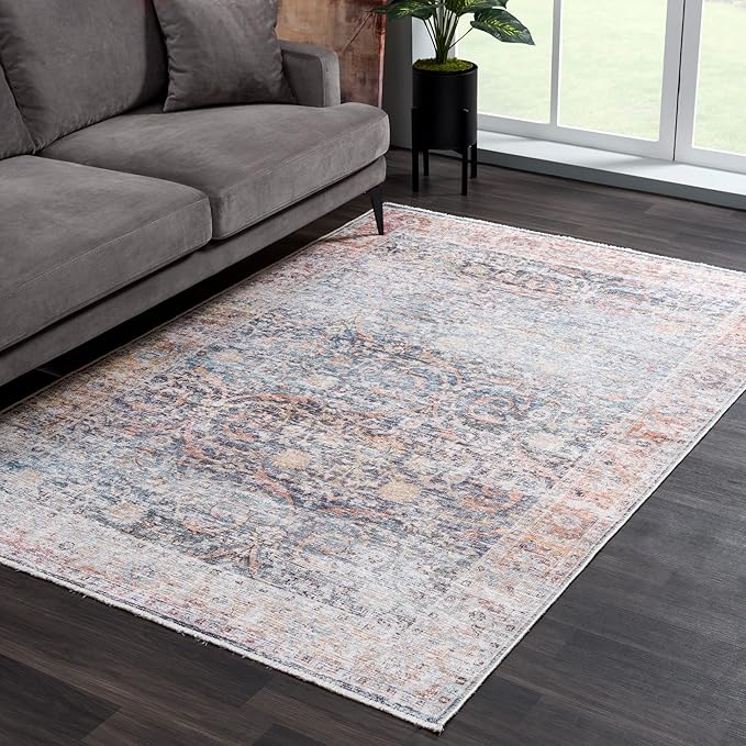 Bloom Rugs Caria Washable Non-Slip 6x9 Rug - Ocean Blue/Brick Traditional Area Rug for Living Room, Bedroom, Dining Room, and Kitchen - Exact Size: 6' x 9'