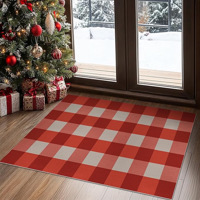 GENIMO Checkered Rug 2x3 Ft Red and White Outdoor Rug Buffalo Plaid Rugs Mat Fall Doormats Washable Rug for Front Porch Decor Indoor Entrance Patio Balcony Entryway