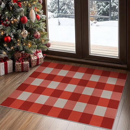 GENIMO Checkered Rug 2x3 Ft Red and White Outdoor Rug Buffalo Plaid Rugs Mat Fall Doormats Washable Rug for Front Porch Decor Indoor Entrance Patio Balcony Entryway