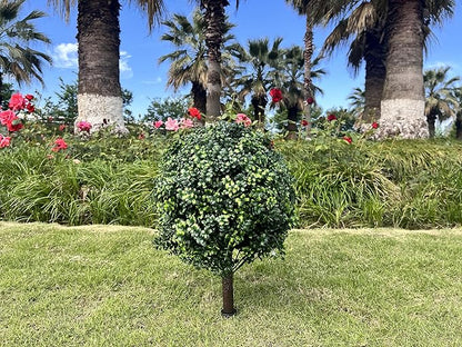 Artificial Boxwood Topiary Ball Tree with Ground Spike 27.5", Set of 2 Outdoor Faux Plants UV Resistant Fake Bushes Shrubs for Garden, Yard, Porch, Patio Decor