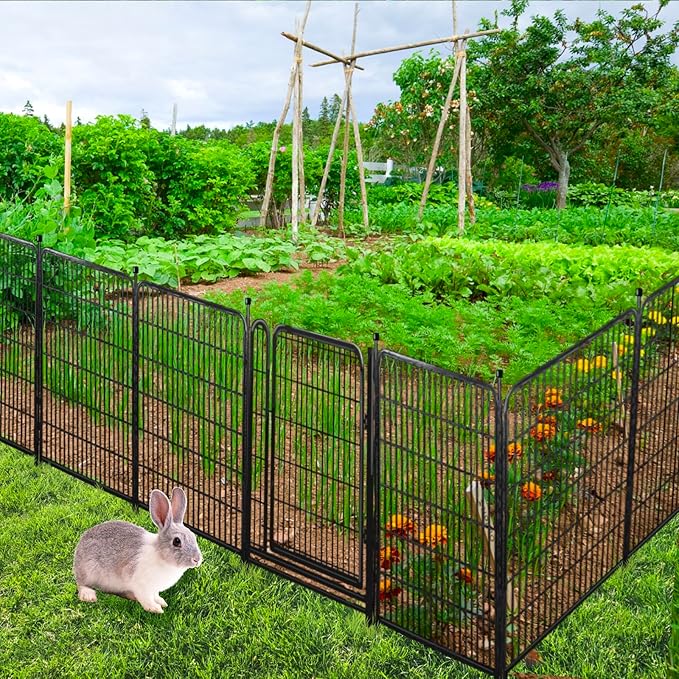 Tall Garden Fence and Borders,Wide Gate Low Threshold Fence Panels, 40in(H) 4 Panels Total 8.9 Ft(L) Animal Barrier Fence, Heavy Metal Dog Fence Outdoor for Yard