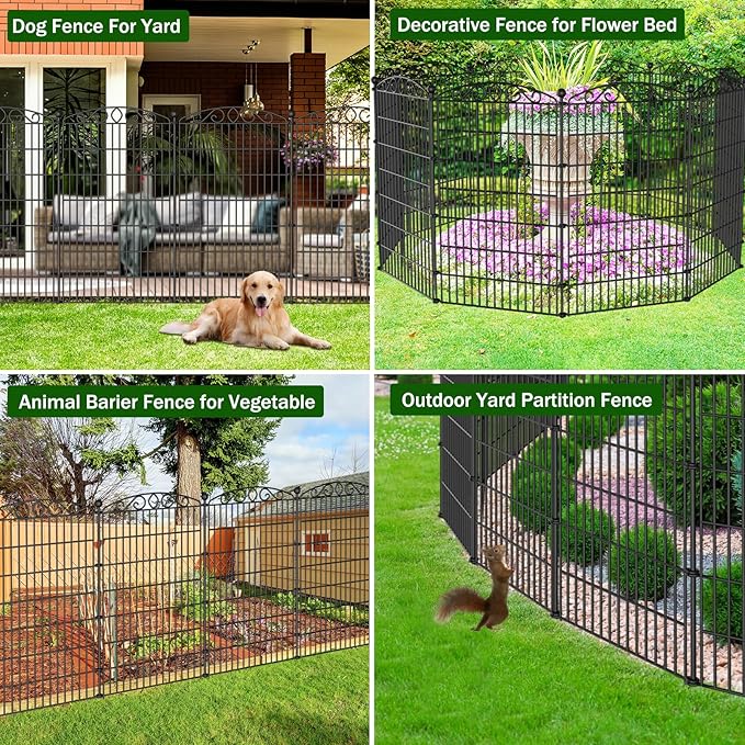 10 Panel No Dig Decorative Garden Fence - 48in H x 22.5ft L, Tall Animal Barrier for Dogs Rabbits, Rustproof Metal Wire Panels for Yard, Patio, and Outdoor Border Use