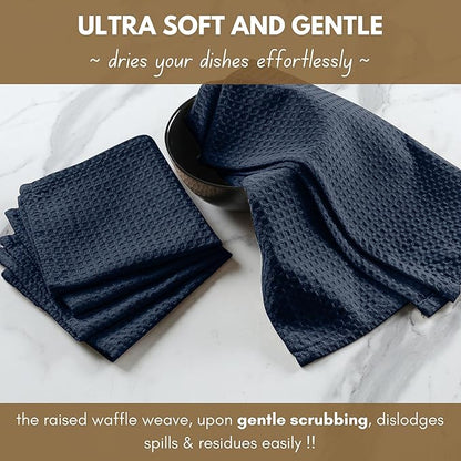 Native Fab Cotton Kitchen Towel with Hanging Loop 16x26 inches, 4-Pack, Waffle Weave Kitchen Towels for Cleaning Drying, Washcloths Soft & Absorbent Cloth Rags, Bar Towel, Dish Cloth, Navy