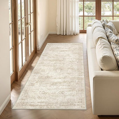 3x6 Runner Rug Non Slip, Thin Entryway Washable Rug for Entryway, Runners for Hallways, Low Pile Vintage Abstract Soft Rugs for Living Room, Kitchen, Bedroom(3'x6', Beige/Ivory)