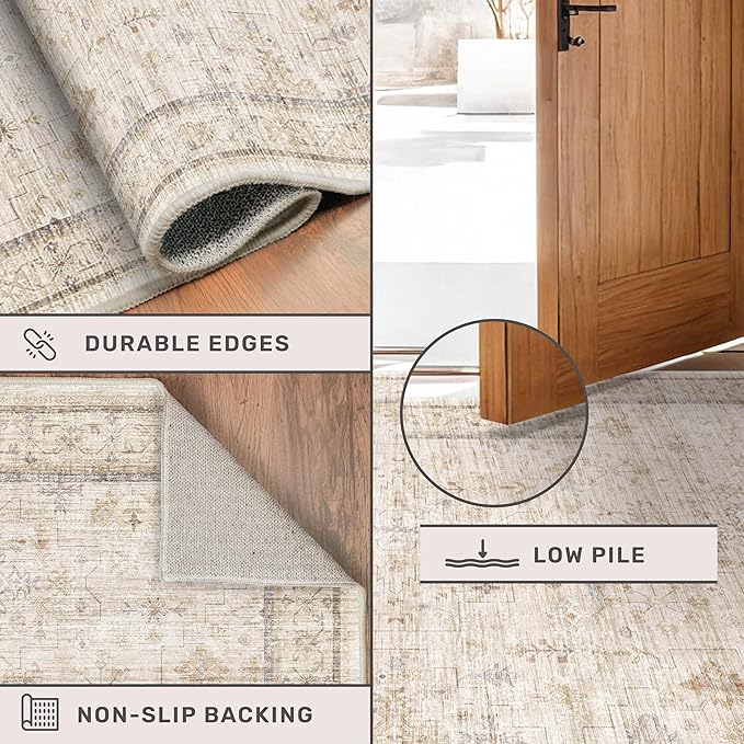 Washable Floral 10x14 Big Living Room Rug, Stain Resistant Foldable Area Rug for Bedroom, Large Dining Room, Farmhouse Neutral Light Beige Décor Indoor, Low Pile Soft Vintage Floor Carpet