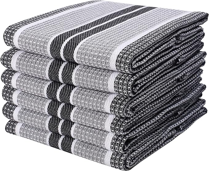 Goroly Home Kitchen Towels 18x28 Inch, Set of 6, Honey Comb Design, Super Absorbent, Quick Dry, Soft, 100% Cotton Dish Towels for Wiping Hands, Drying Dishes, Cleaning Dishcloths Set - Black Grey