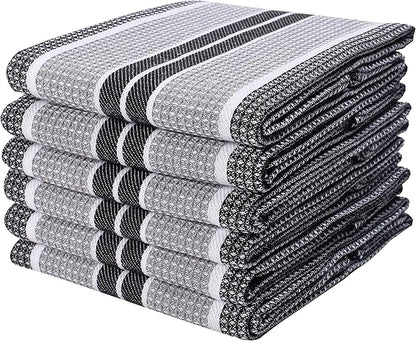 Goroly Home Kitchen Towels 18x28 Inch, Set of 6, Honey Comb Design, Super Absorbent, Quick Dry, Soft, 100% Cotton Dish Towels for Wiping Hands, Drying Dishes, Cleaning Dishcloths Set - Black Grey