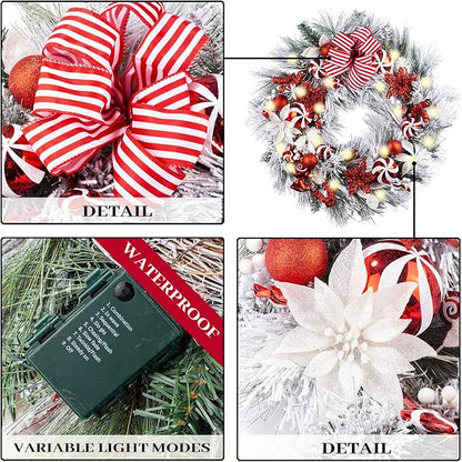 WANNA-CUL Pre-Lit 30 Inch Large Lighted Christmas Wreath for Front Door with 50 Led Lights, Red White Lighted Christmas Door Wreath Decor with Ball Ornaments, Candy Canes, Battery Operated