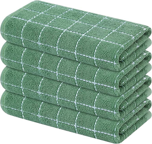Mordimy 100% Cotton Terry Cloth Kitchen Towels, Super Soft and Absorbent Dish Towels for Drying, Checkered Designed Hand Towels for Kitchen, 16 x 26 Inches, 4 Pack, Grass Green