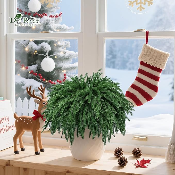 Der Rose 24Pcs Christmas Norfolk Pine Stems, 18 Inch Artificial Pine Branches Faux Cedar Stems Greenery Picks for Xmas DIY Crafts Wreath Garland Home Outdoor Christmas Decorations Indoor