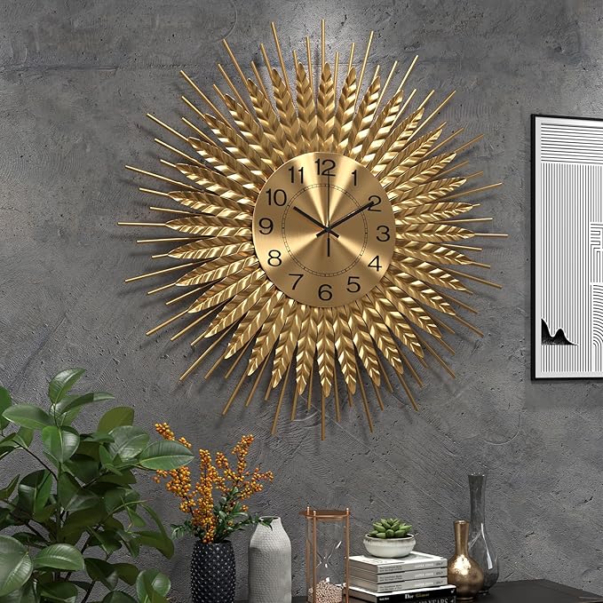 Modern Large Wall Clock Decorative Metal Mid Century Wall Clocks, Gold Big Silent Non-Ticking Clock, Modern Handmade Home Art Decor for Living Room, Bedroom, Dining Room, 24 Inch