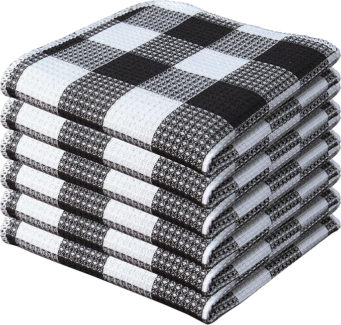 Waffle Weave Plaid Dish Cloths, 100% Cotton - 12 x 12 Inches, Ultra Soft Absorbent Quick Drying Dish Towels Buffalo Check Dish Rags for Kitchen, 6 Pack - Fall Thanksgiving- Black and White
