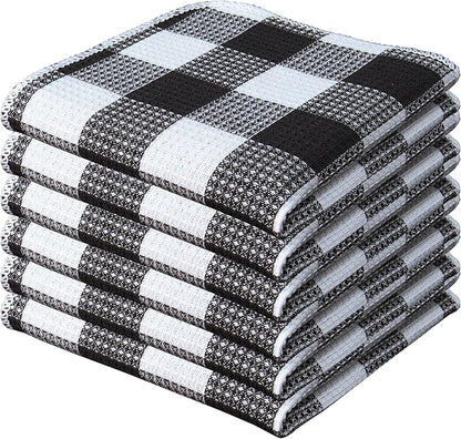 Waffle Weave Plaid Dish Cloths, 100% Cotton - 12 x 12 Inches, Ultra Soft Absorbent Quick Drying Dish Towels Buffalo Check Dish Rags for Kitchen, 6 Pack - Fall Thanksgiving- Black and White