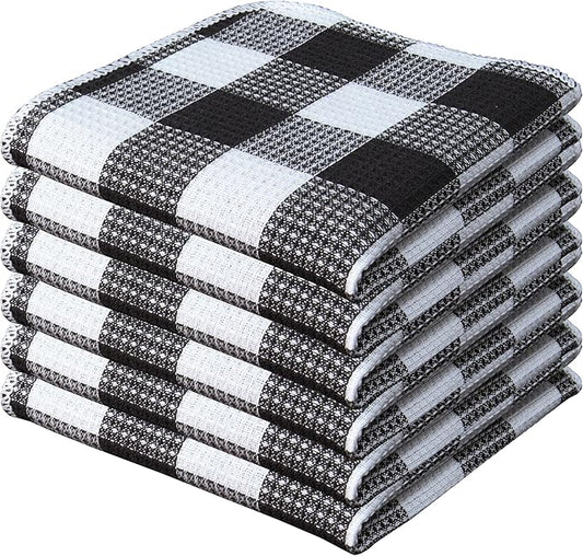 Waffle Weave Plaid Dish Cloths, 100% Cotton - 12 x 12 Inches, Ultra Soft Absorbent Quick Drying Dish Towels Buffalo Check Dish Rags for Kitchen, 6 Pack - Fall Thanksgiving- Black and White