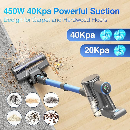 Zefiro Cordless Vacuum Cleaner for Home,450W /40Kpa Stick Vacuum with 50Mins Working Time, Anti-Tangle 1.5L Dust Cup, Rechargeable Wireless Handheld Vacuum for Pet Hair/Carpet/Floor,C10