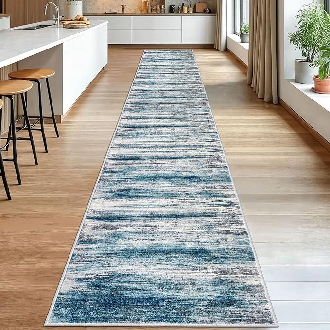 KOZYFLY Modern Abstract Hallway Runner Rug, 2.6x18 Washable Rug Runner Non-Slip Soft Striped Kitchen Runner Rugs, Print Blue Carpet Runner for Entryway Bathroom Laundry Room Foyer