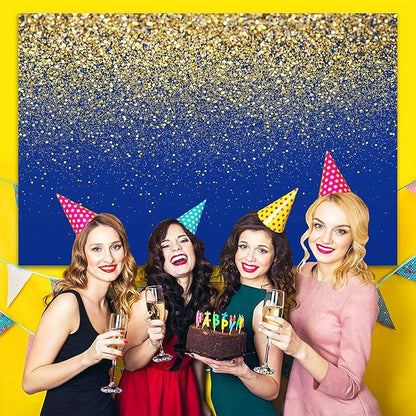 Blue and Gold Glitter Backdrop 7x5ft Elegant Photo Booth Background for Birthday, Wedding, Graduation, Anniversary & New Year Party Decorations, Luxury Event Banner