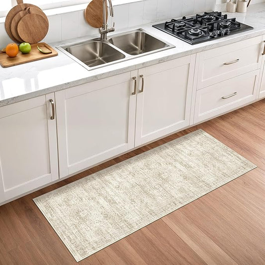 2x5 Rug Runner Washable for Entryway, Soft Bathroom Rugs with Non-Slip Backing, Abstract Low Pile Hallway Runner, Vintage Small Kitchen Carpet for Stair, Laundry Room(2'x5', Beige/Ivory)