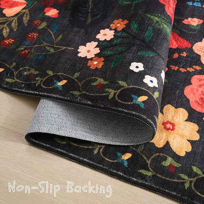 Rugcomf Area Rug 4x6 Rug Washable Boho Rugs Non Slip Low Pile Floral Small Carpet for Bedroom, Bedside, Kids Room, Office, Dining Room(Black)