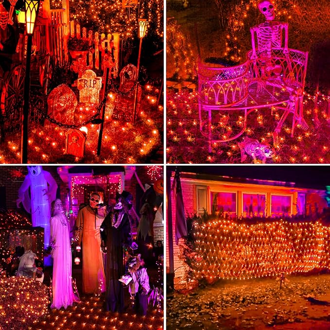 BlcTec Halloween Lights 200 LED 8.2ft x 4.9ft Orange Net Lights with 8 Modes, UL Certified, Timer, Connectable, Waterproof, Dark Green Wire for Trees, Bushes, Shrub, Lawn Halloween Decorations Outdoor