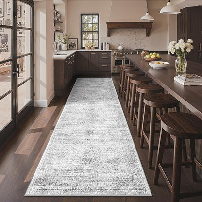 3x10 Runner Rug Non Slip Washable for Entryway, Vintage Hallway Runner for Front Porch, Laundry Room, Bedroom, Abstract Stain Resistant Thin Indoor Kitchen Mats for Floor(3'x10', Grey/Ivory)