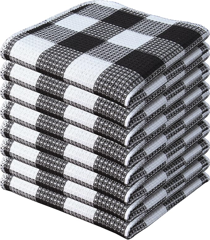 Waffle Weave Plaid Dish Cloths, 100% Cotton - 12 x 12 Inches, Ultra Soft Absorbent Quick Drying Dish Towels Buffalo Check Dish Rags for Kitchen, 8 Pack - Fall Thanksgiving - Black & White