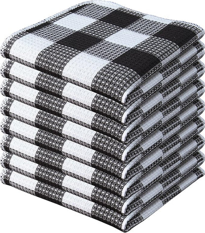 Waffle Weave Plaid Dish Cloths, 100% Cotton - 12 x 12 Inches, Ultra Soft Absorbent Quick Drying Dish Towels Buffalo Check Dish Rags for Kitchen, 8 Pack - Fall Thanksgiving - Black & White