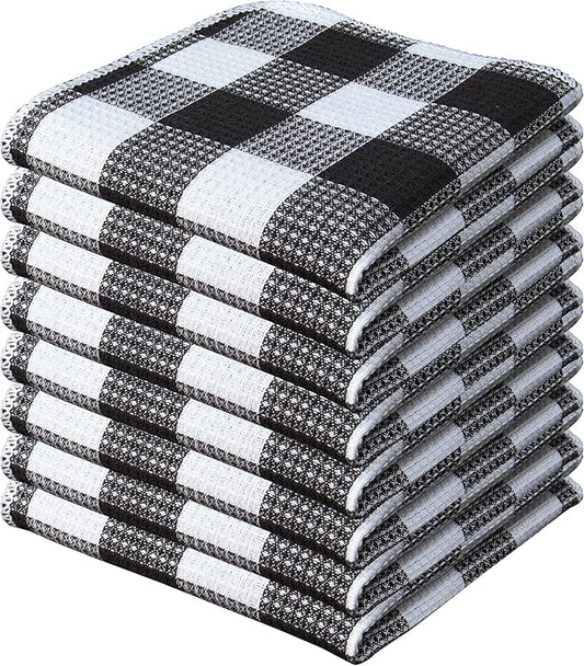 Waffle Weave Plaid Dish Cloths, 100% Cotton - 12 x 12 Inches, Ultra Soft Absorbent Quick Drying Dish Towels Buffalo Check Dish Rags for Kitchen, 8 Pack - Fall Thanksgiving - Black & White