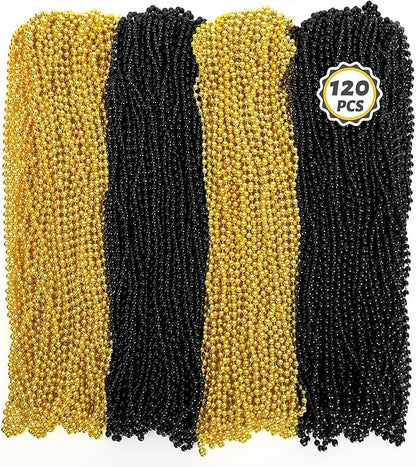 120 PCS New Years Beaded Necklace, 33 IN Mardi Gras Beads, Blackgold Mardi Gras Accessories, Bead Necklace Throw Beads Bulk for Party Parade New Years Eve Party Supplies Favors Decor