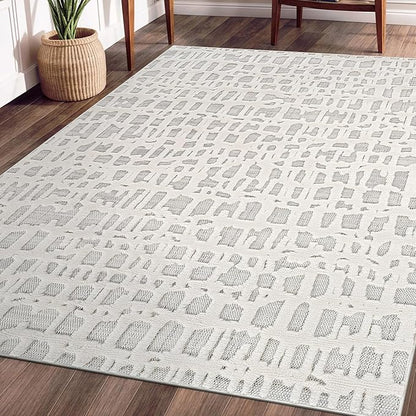 Beverly Rug Micro Loop Area Rug Gray/White 5x7 Abstract Modern Luxury Irregular Grid Durable Soft Indoor Rugs for Living Dining Room Office Stain Resistant Non Shedding Casual Indoor Carpet 5 x 7