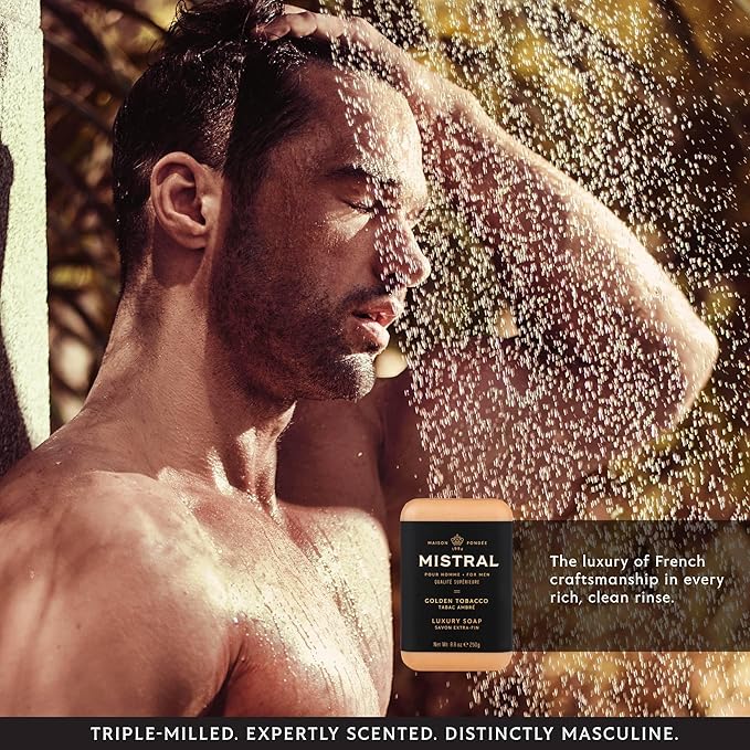 Mistral Golden Tobacco Luxury Bar Soap for Men | Men’s Natural Soap Bar | Paraben, Phthalates Free | Moisturizing & Triple-Milled Natural Soap for Men - Made in France | Large, 8.8 oz