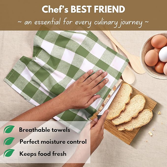 Native Fab Buffalo Check Kitchen Dish Towels, 16"x26", 12 Pack - 100% Cotton Plaid Washcloths - Absorbent Dish Cloths Set, Cleaning Hand Towels with Hanging Loop - Mini Green White