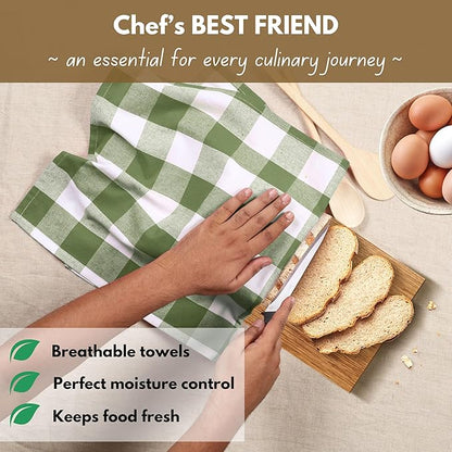 Native Fab Buffalo Check Kitchen Dish Towels, 16"x26", 12 Pack - 100% Cotton Plaid Washcloths - Absorbent Dish Cloths Set, Cleaning Hand Towels with Hanging Loop - Mini Green White
