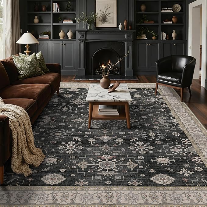 GENIMO 9x12 Area Rugs for Living Room,Machine Washable Non-Slip Vintage Rug, Low Pile Lightweight Carpet for Bedroom, Dining Room, Home Office, Stain & Fade Resistant,Black